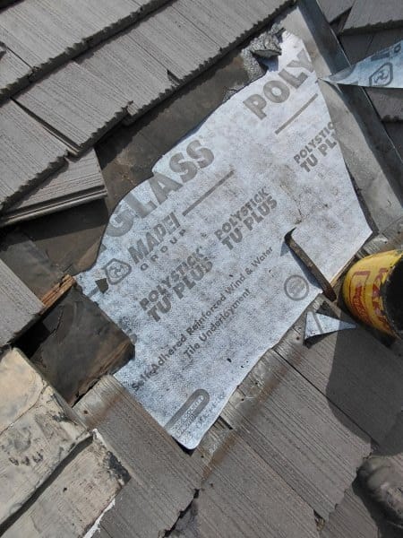 Polyglass Polystick TU Plus tile underlayment installed on roof decking during a concrete tile roof replacement